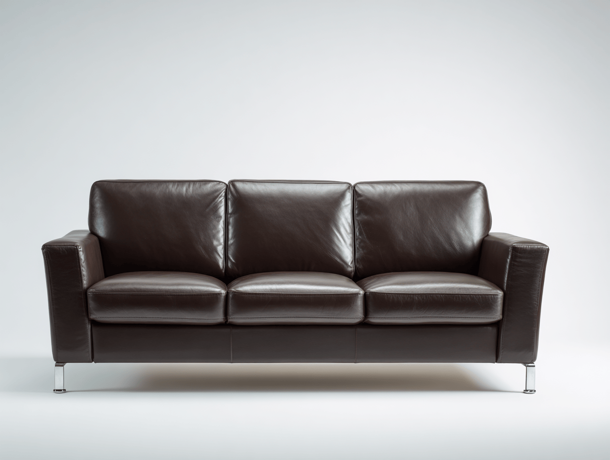 Canapé 3 places cuir marron foncé – style moderne – pieds métal chromé – assise fixe sans bouton visible-Nestete