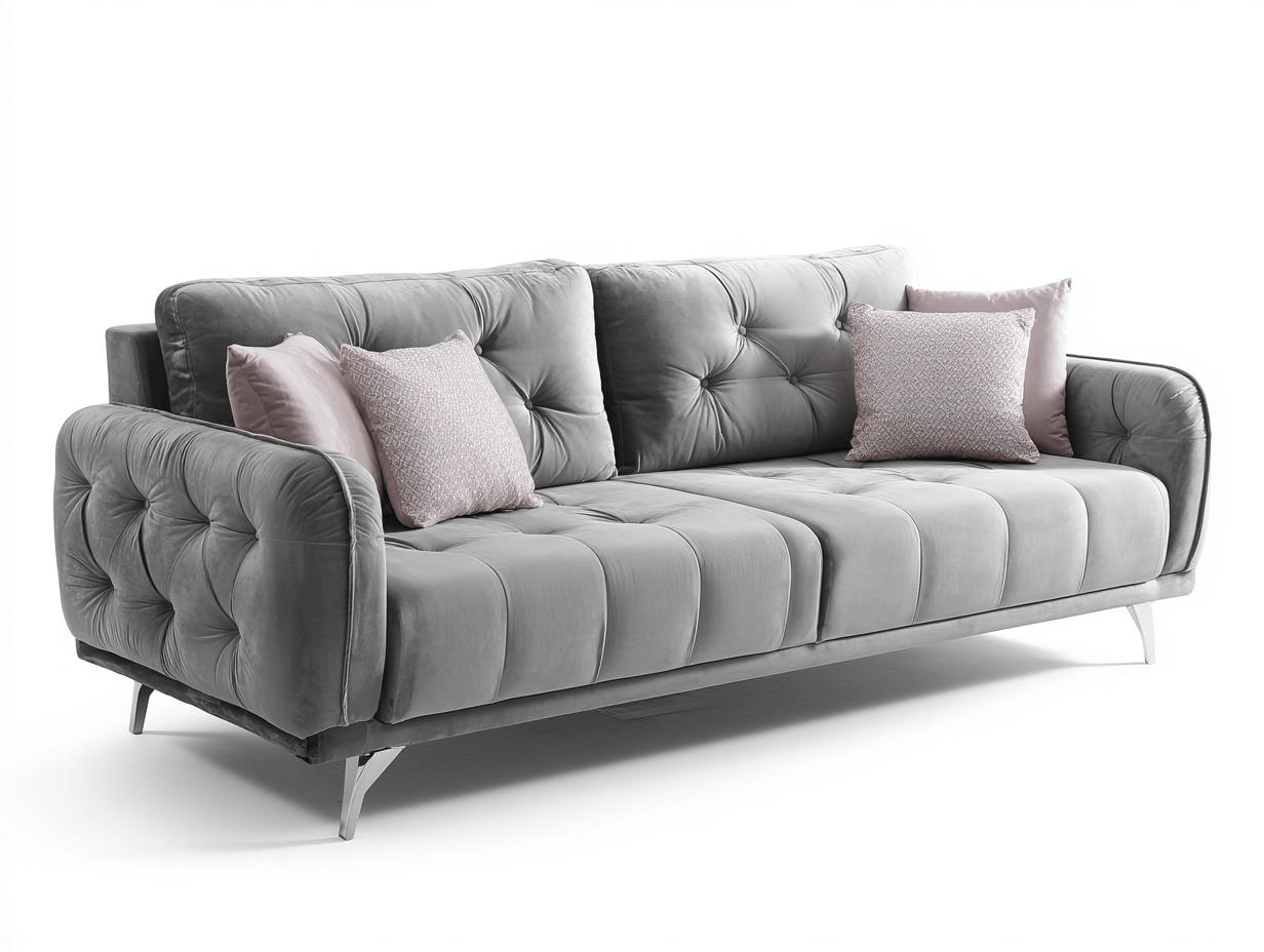 Canapé-lit 3 places en velours gris avec 2 coussins de dossier et 4 oreillers – pieds en métal argenté – design contemporain capitonné-Nestete