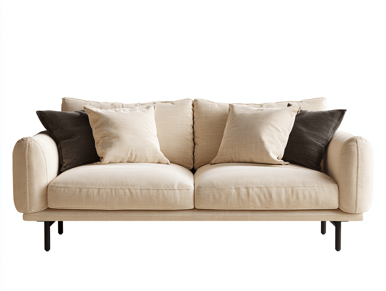 Canapé 2 places tissu beige pieds métal noir – design moderne – avec 2 coussins et 4 oreillers – pour salon-Nestete