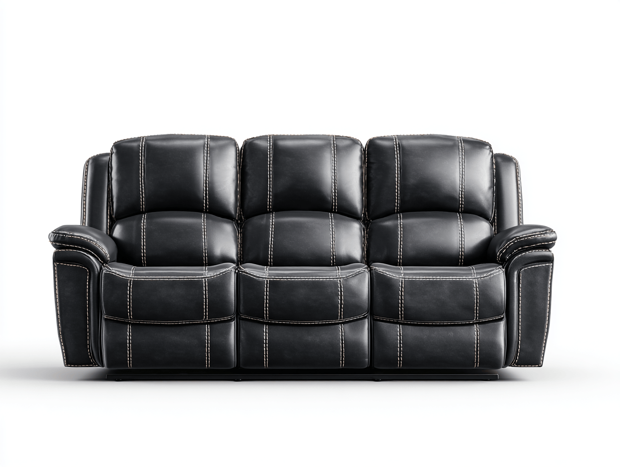 Canapé 3 places cuir noir – style contemporain – coutures contrastantes blanches – assise fixe sans bouton visible-Nestete