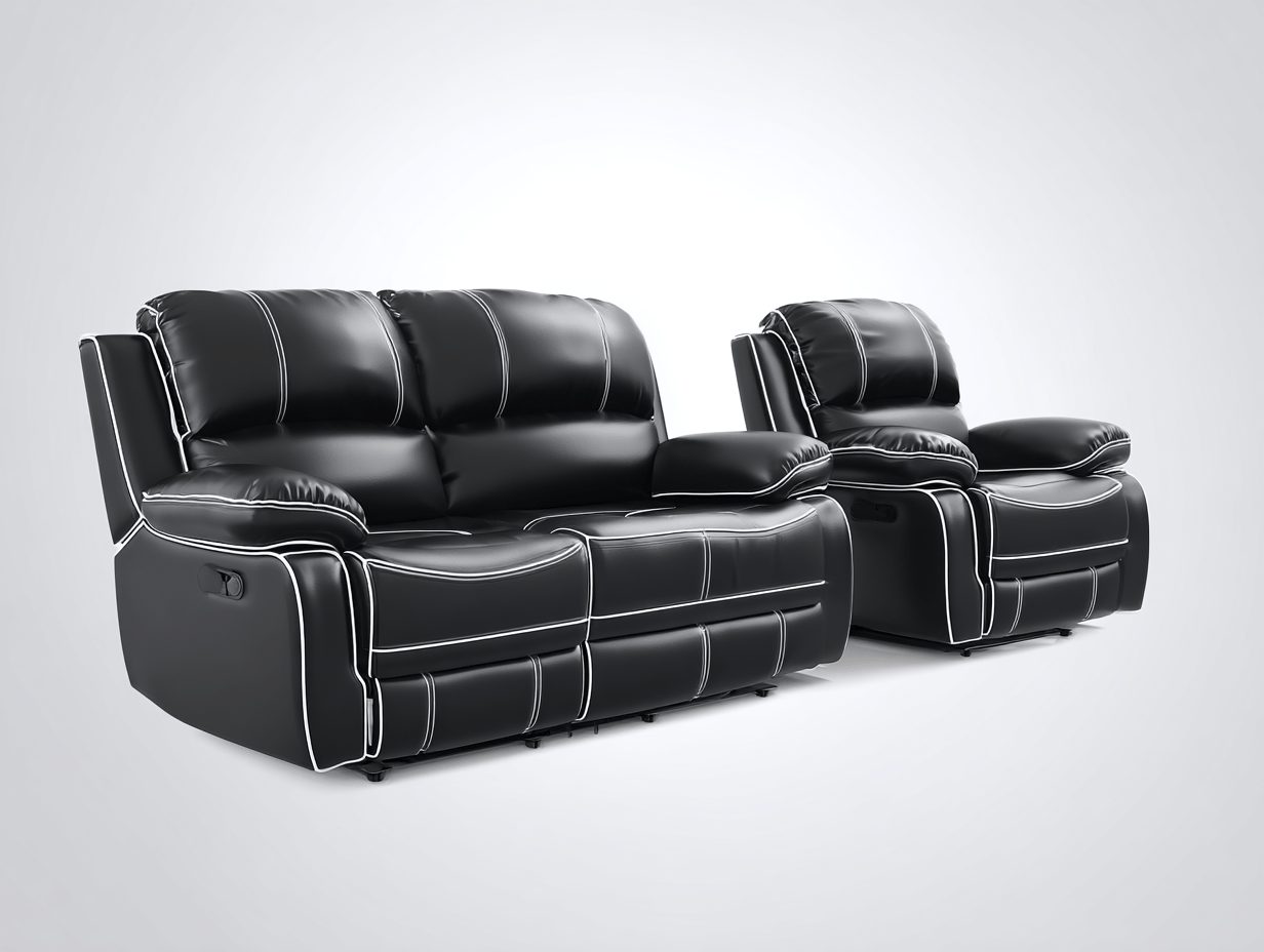 Canapé 2 places et fauteuil 1 place simili cuir noir avec surpiqûres blanches fonction relax manuelle – pour salon-Nestete