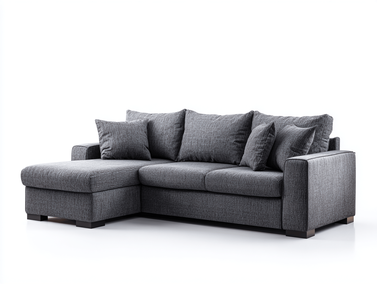 Canapé d’angle tissu gris – style moderne – avec trois coussins de dossier et trois coussins déco – méridienne droite (vue utilisateur) – pieds bois foncé – assise fixe sans bouton visible-Nestete