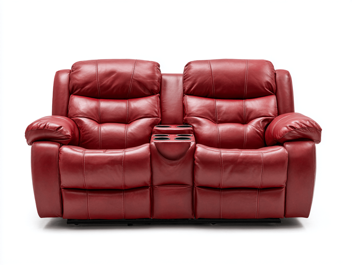 Canapé relax électrique 2 places en cuir rouge – accoudoirs rembourrés – console centrale avec porte-gobelets et rangement-Nestete