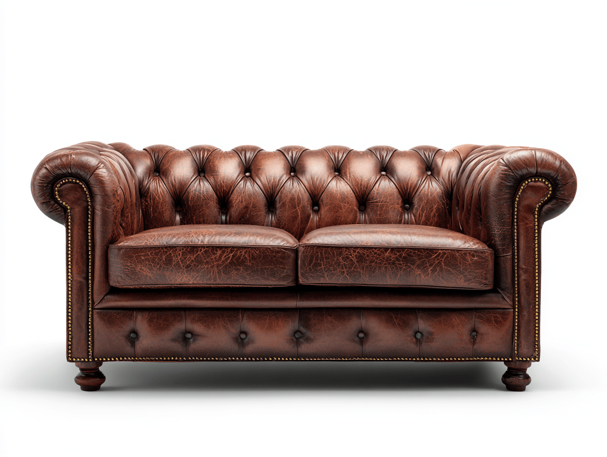 Canapé 2 places cuir marron – style Chesterfield – capitonné avec accoudoirs roulés et clous décoratifs-Nestete