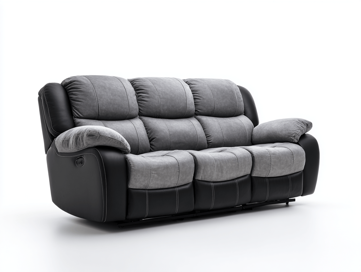 Canapé relax 3 places en tissu effet daim gris et simili cuir noir – dossier inclinable manuel-Nestete