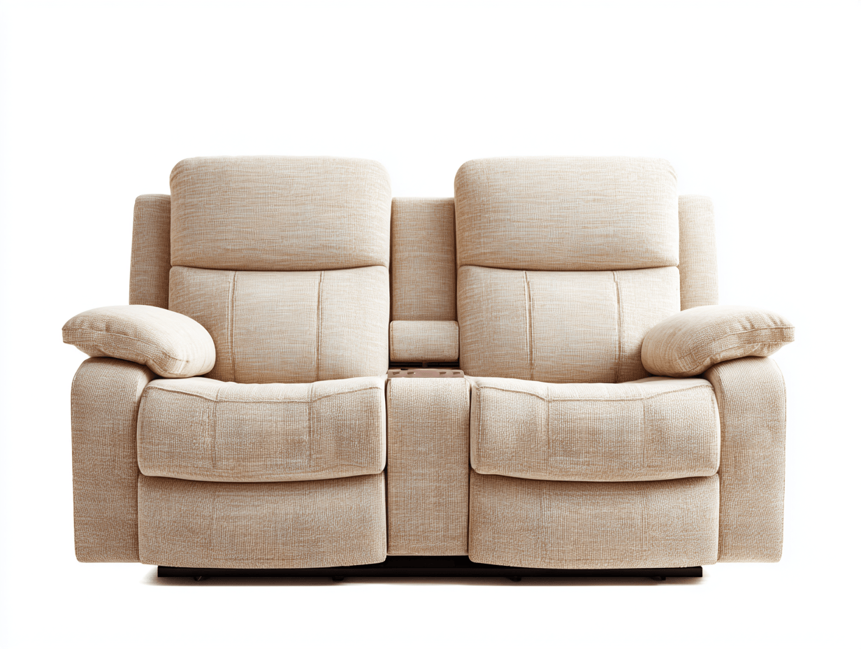 Canapé inclinable 2 places en tissu beige – accoudoirs rembourrés – console centrale avec porte-gobelets-Nestete