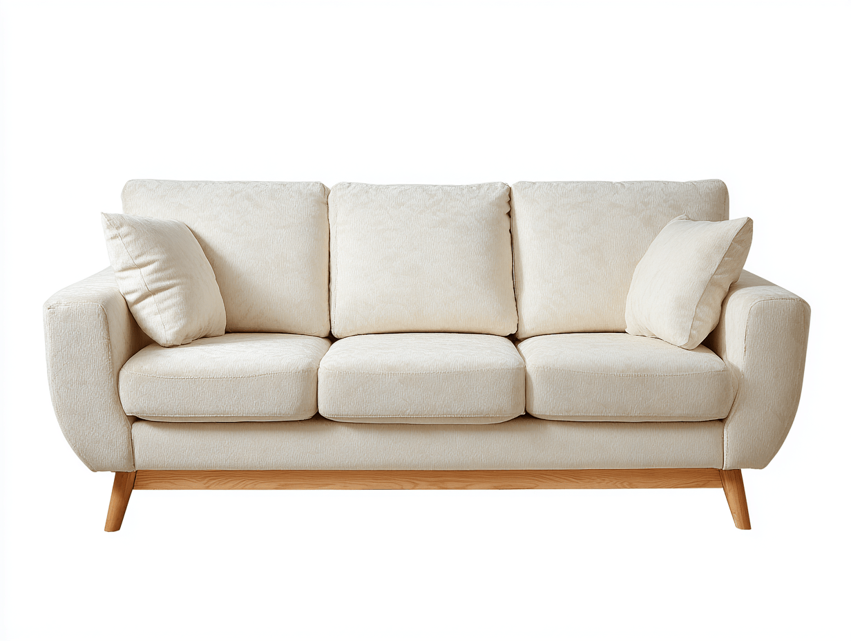 Canapé 3 places tissu crème pieds bois clair style scandinave avec trois coussins et deux oreillers – pour salon-Nestete