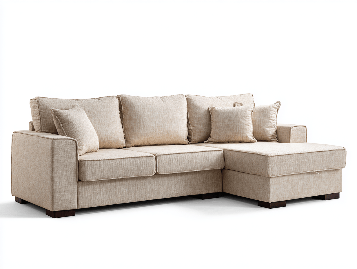 Canapé d’angle tissu beige – méridienne gauche (vue utilisateur) – avec trois coussins de dossier et trois coussins déco – style moderne – pieds en bois foncé – sans mécanisme électrique visible-Nestete