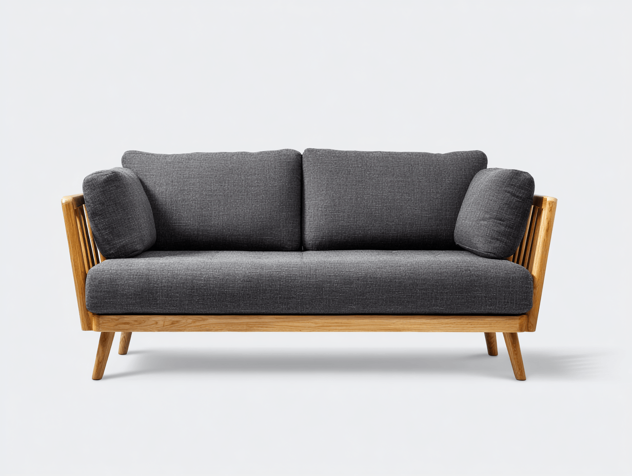 Canapé 2 places en tissu – gris foncé – avec coussins et accoudoirs bois naturel-Nestete