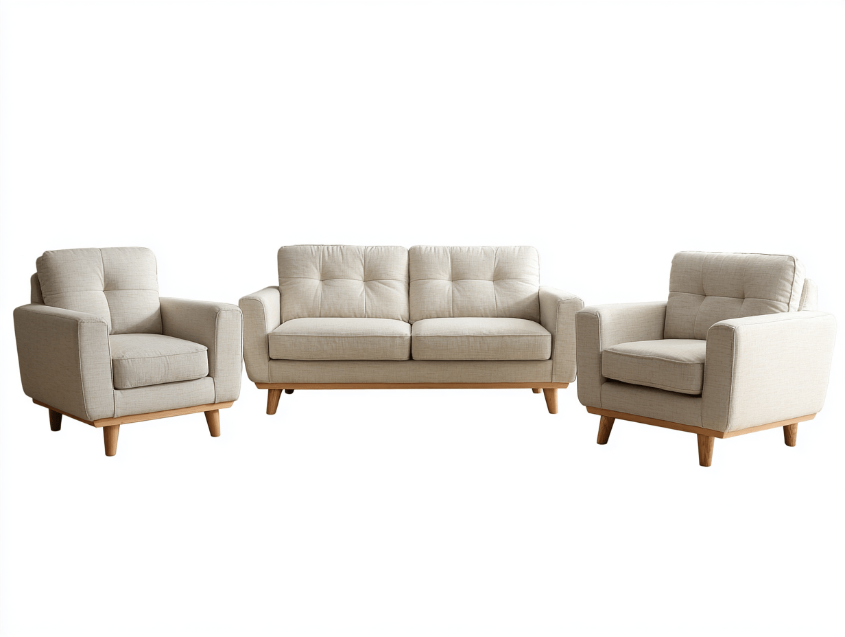 Canapé 3 pièces tissu crème structure bois clair style scandinave avec quatre coussins – pour salon-Nestete