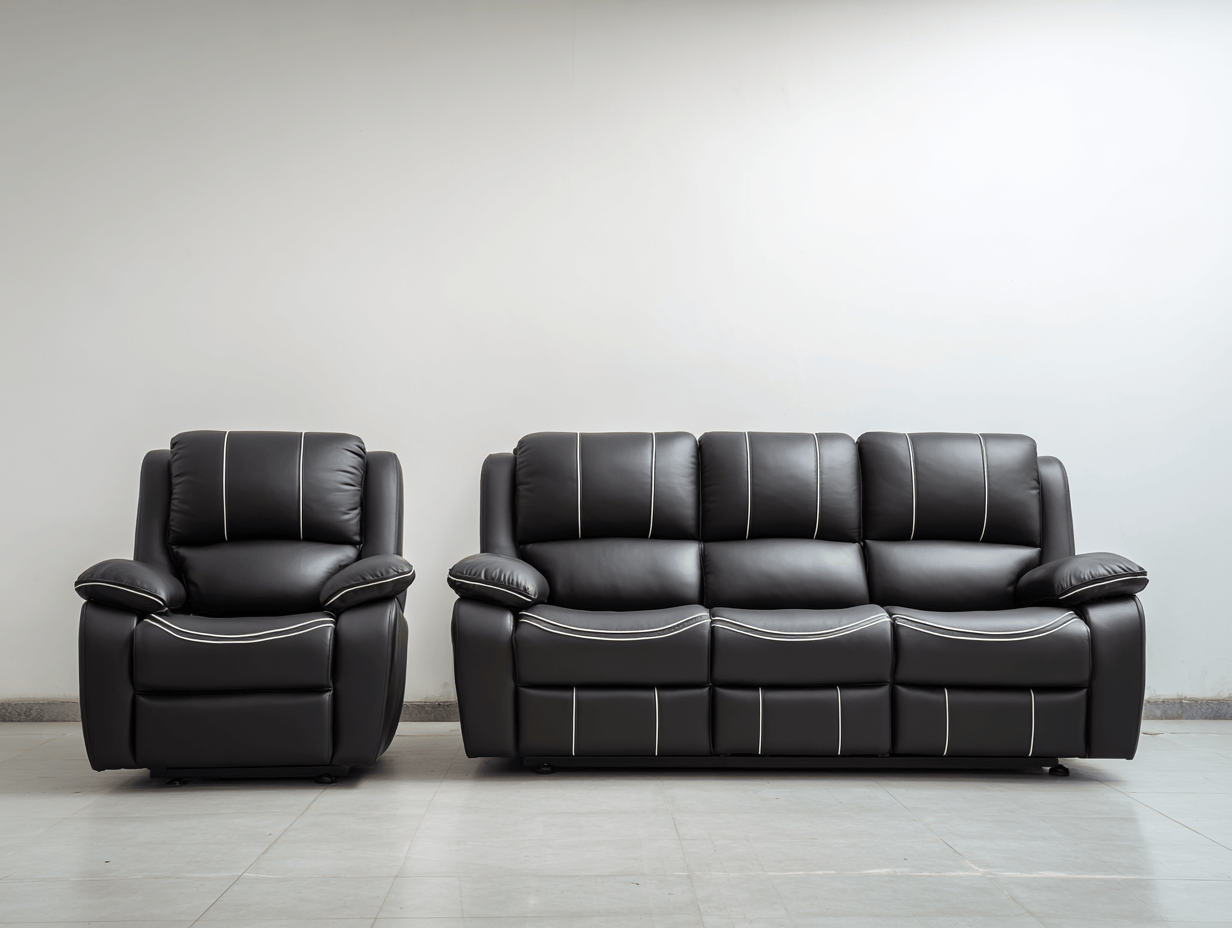 Canapé 3 places et fauteuil 1 place simili cuir noir avec surpiqûres blanches style moderne avec fonction relax – pour salon-Nestete