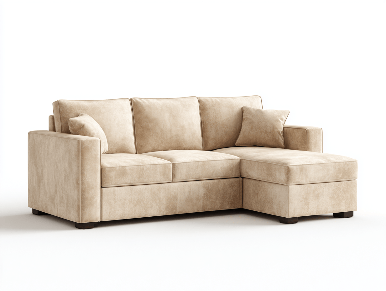 Canapé d'angle gauche en tissu beige – avec 3 coussins de dossier et 2 coussins décoratifs – méridienne à gauche – pour salon moderne-Nestete