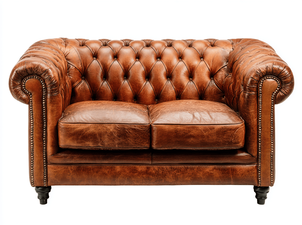 Canapé Chesterfield 2 places en cuir marron vieilli – design capitonné – pieds en bois tournés noirs-Nestete