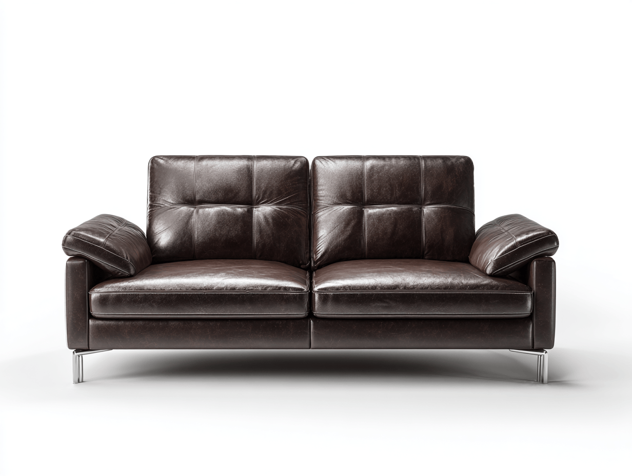 Canapé 2 places cuir marron – style moderne – accoudoirs bas – pieds métal chromé – assise fixe sans bouton visible-Nestete