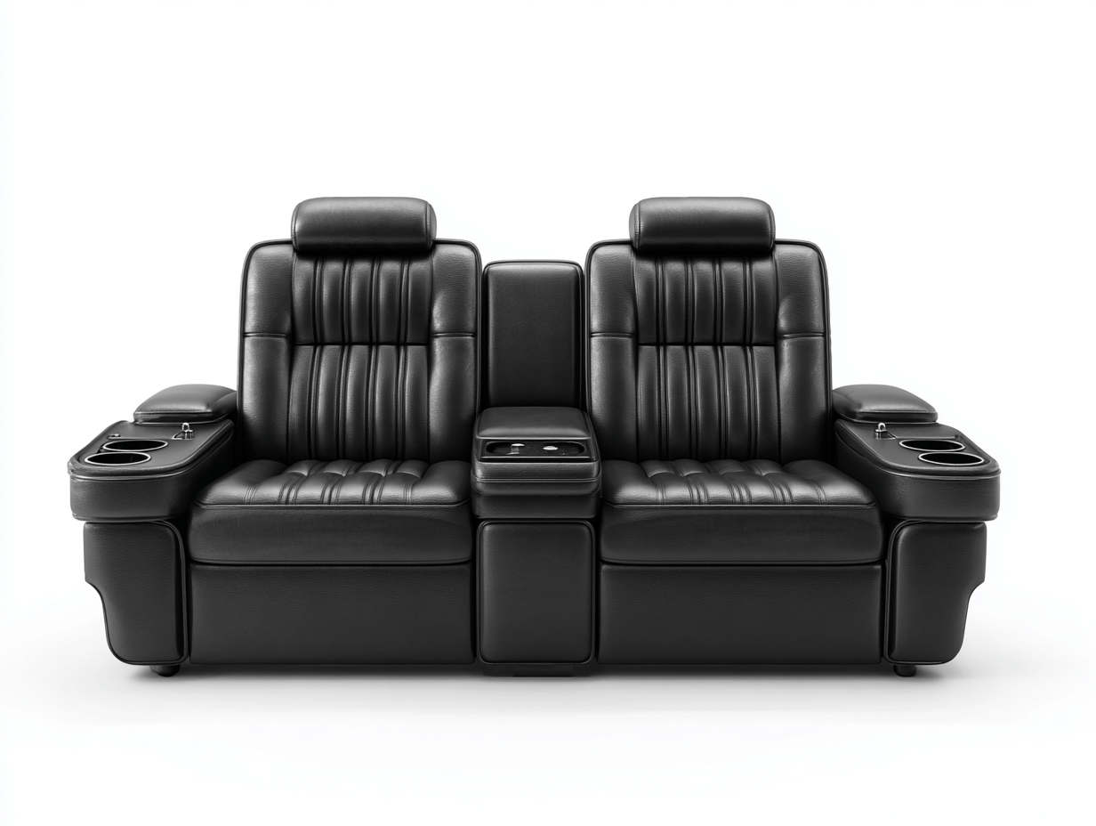 Canapé 2 places cuir noir – style contemporain – avec accoudoirs porte-gobelets et têtières réglables-Nestete