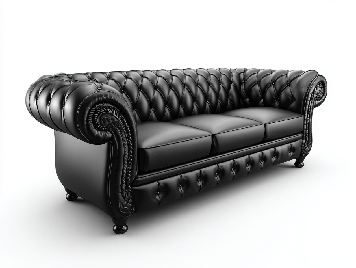Canapé Chesterfield 3 places en cuir noir capitonné – accoudoirs sculptés classiques-Nestete