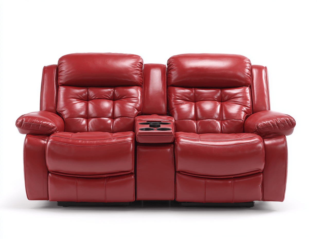 Canapé relax 2 places en cuir rouge – accoudoirs rembourrés et console centrale avec double porte-gobelets – style contemporain-Nestete