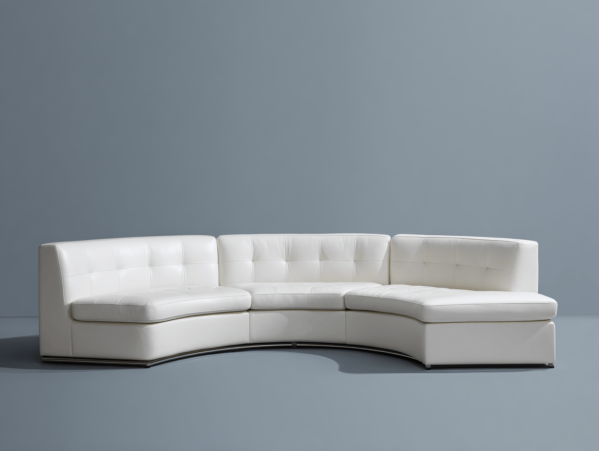 Canapé d’angle arrondi cuir blanc – style moderne – dossier rembourré intégré sans coussins amovibles – base noire discrète – assise fixe sans bouton visible-Nestete
