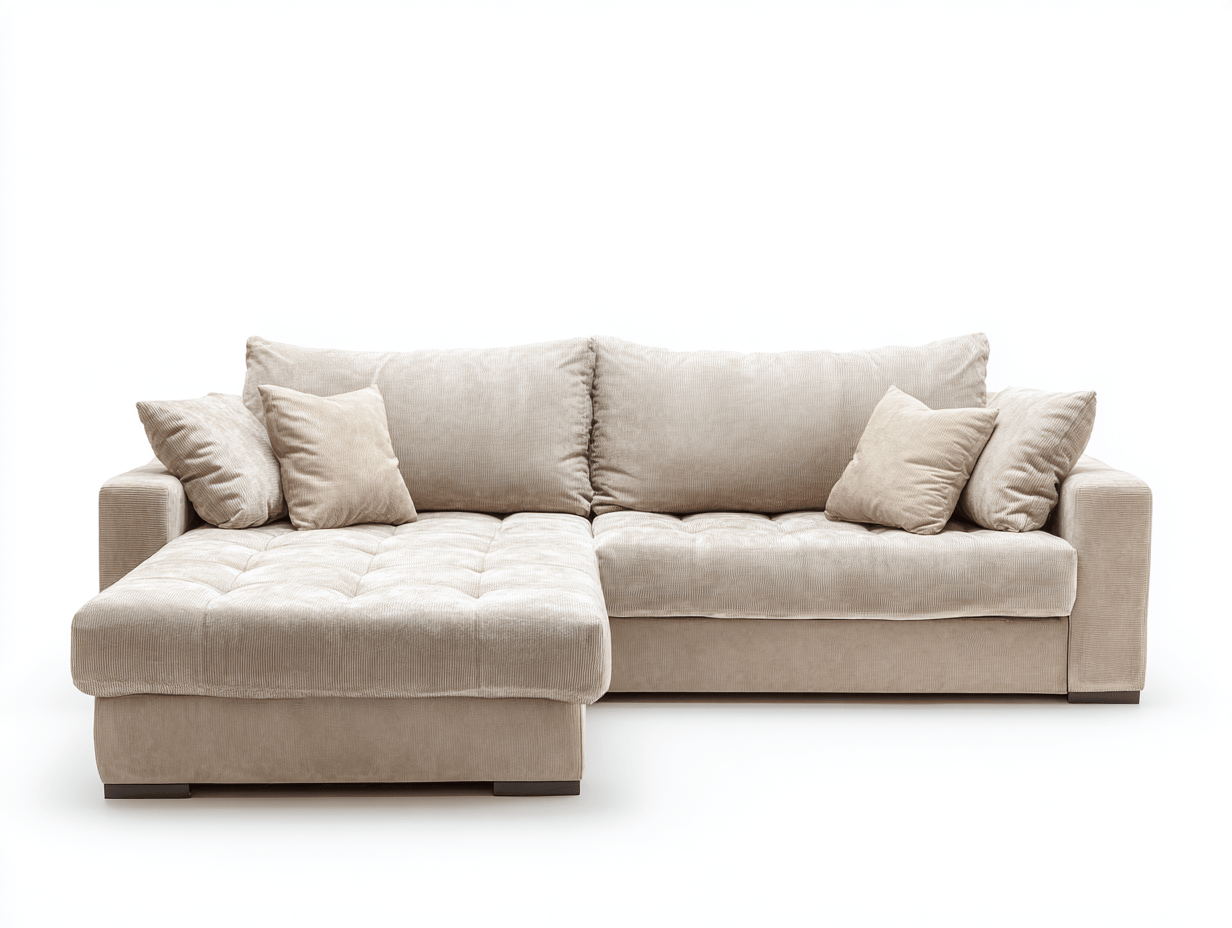 Canapé d’angle tissu beige – style moderne – méridienne droite (vue utilisateur) – avec deux coussins de dossier et quatre coussins déco – assise matelassée sans bouton – pieds invisibles-Nestete