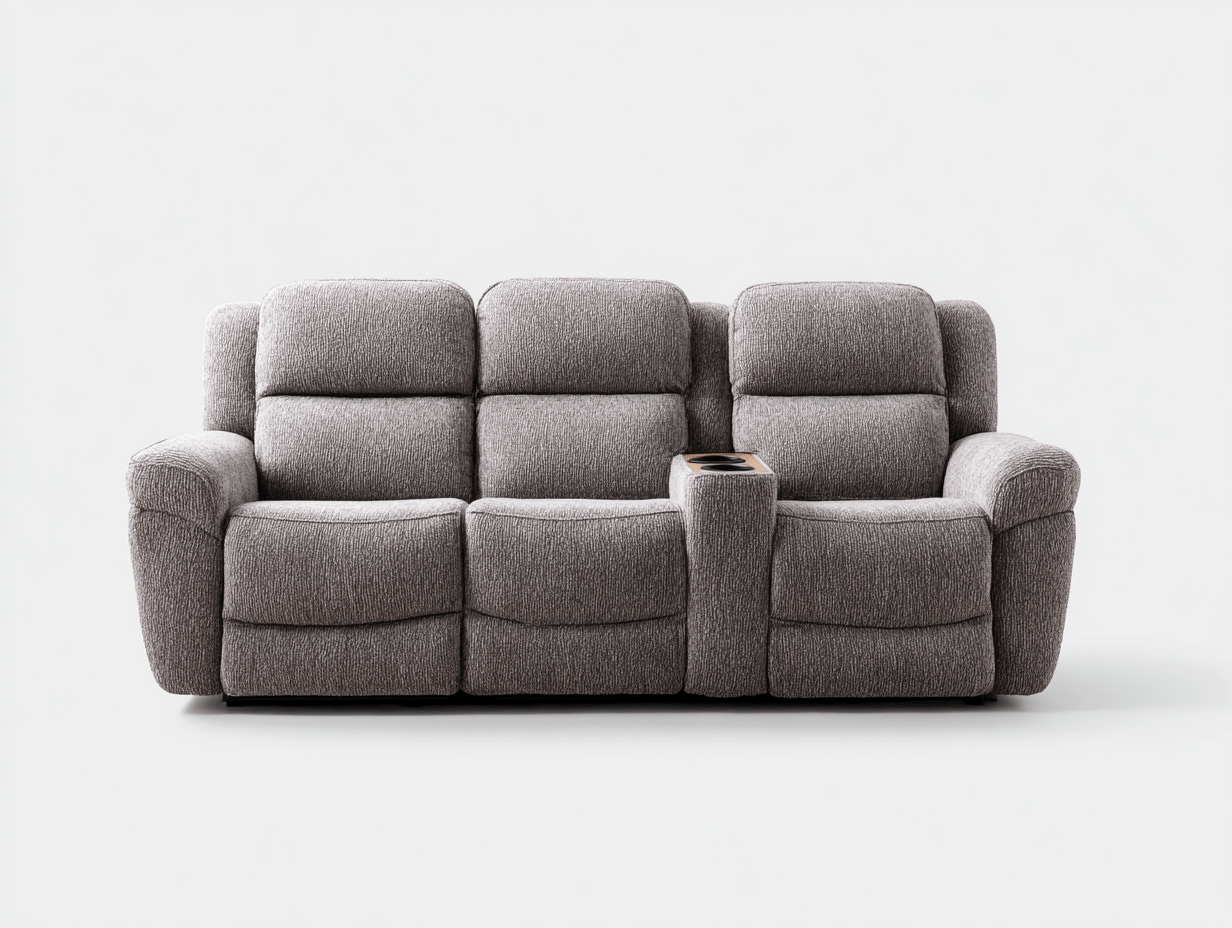 Canapé relax tissu gris clair 3 places – avec accoudoirs et porte-gobelets – pour salon moderne-Nestete