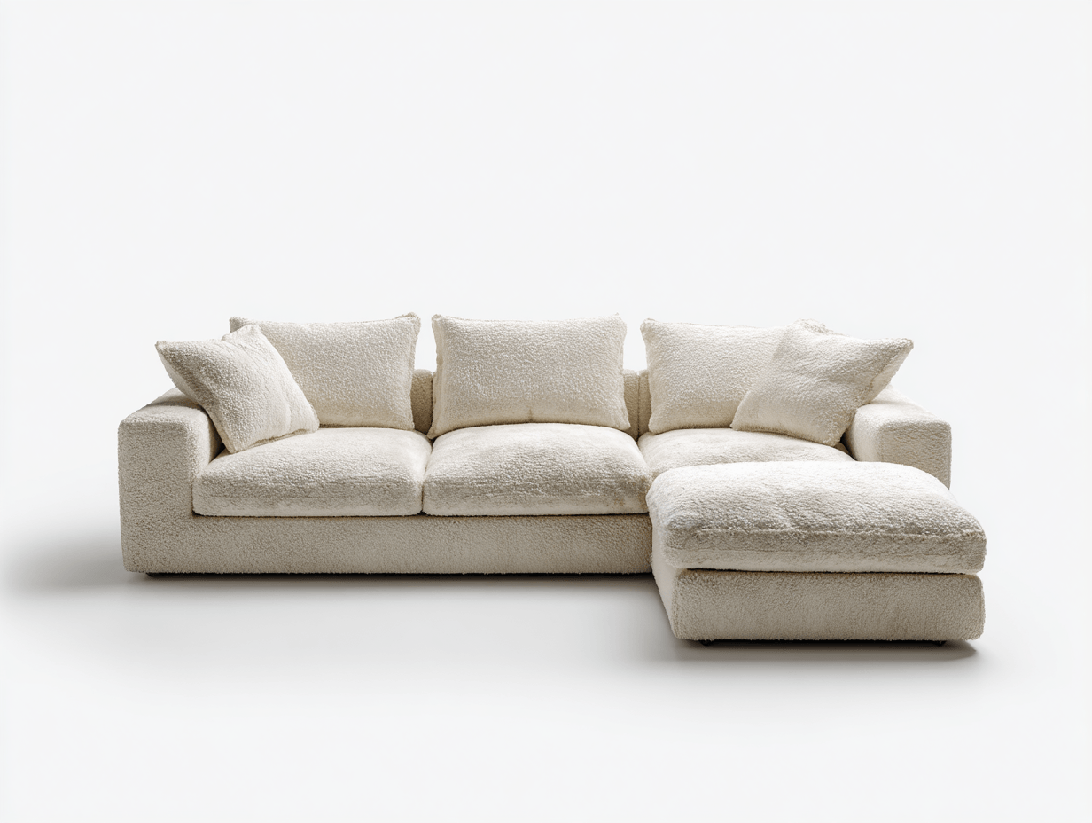 Canapé d’angle gauche en tissu bouclette crème – 3 coussins – 2 oreillers – style moderne cosy-Nestete