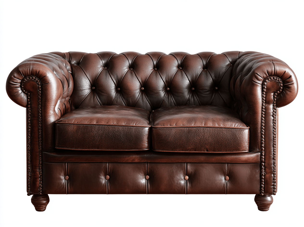 Canapé Chesterfield 2 places en cuir marron – style classique capitonné – dossier et accoudoirs roulés-Nestete