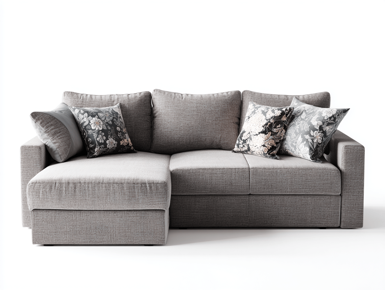 Canapé d’angle tissu gris – style moderne – avec trois coussins de dossier et quatre coussins déco – méridienne droite (vue utilisateur) – pieds invisibles – assise fixe sans bouton visible-Nestete