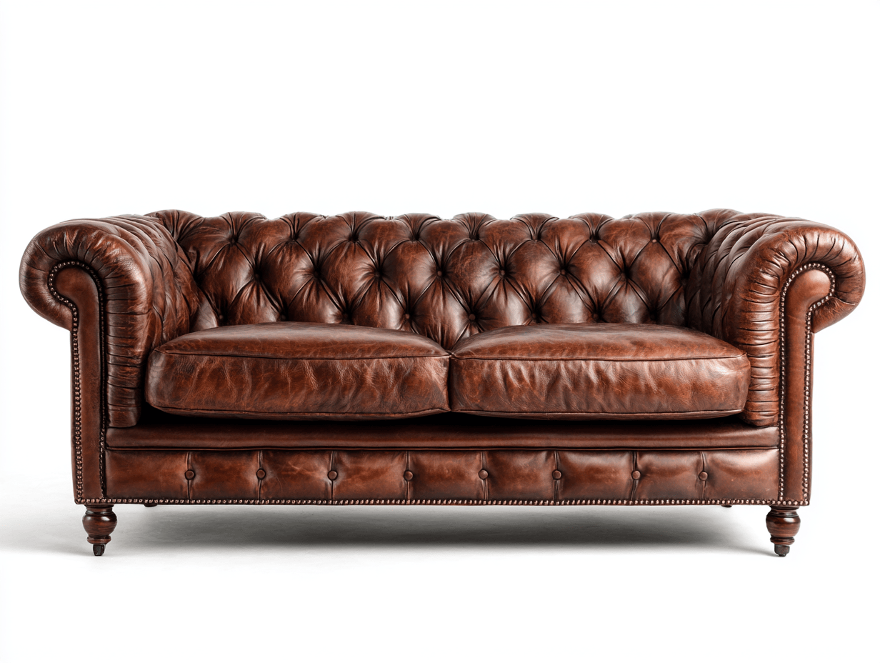 Canapé 3 places cuir marron – style Chesterfield – capitonné avec accoudoirs roulés-Nestete