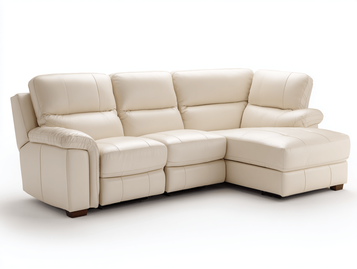 Canapé d'angle en cuir blanc cassé - Style contemporain - Avec méridienne gauche - Assise fixe, sans boutons apparents-Nestete