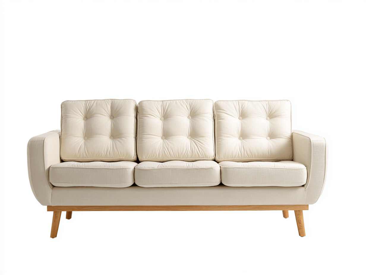 Canapé 3 places tissu crème pieds bois clair style scandinave avec trois coussins de dossier – pour salon-Nestete