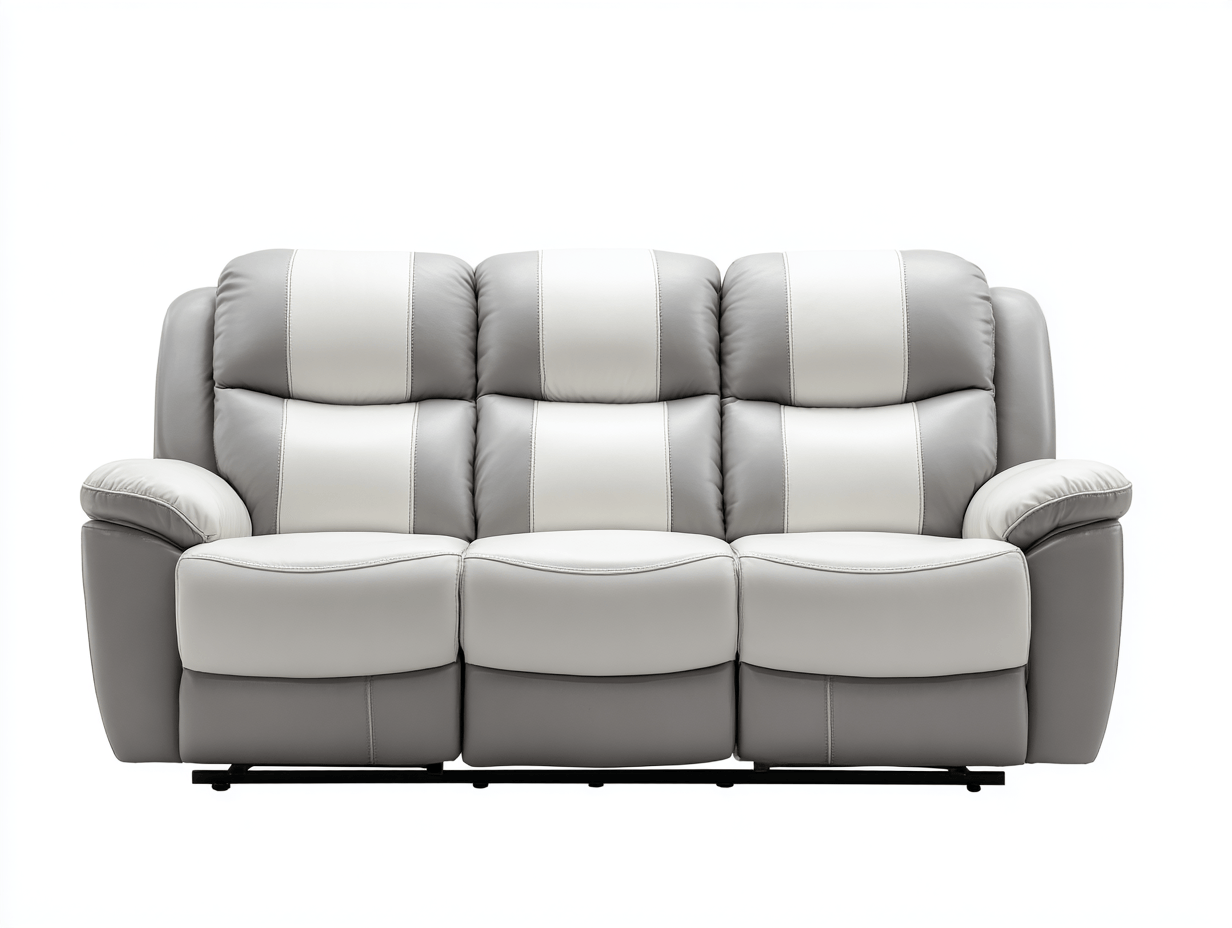 Canapé relax 3 places en cuir synthétique gris clair et blanc – style contemporain bicolore – rembourrage généreux-Nestete