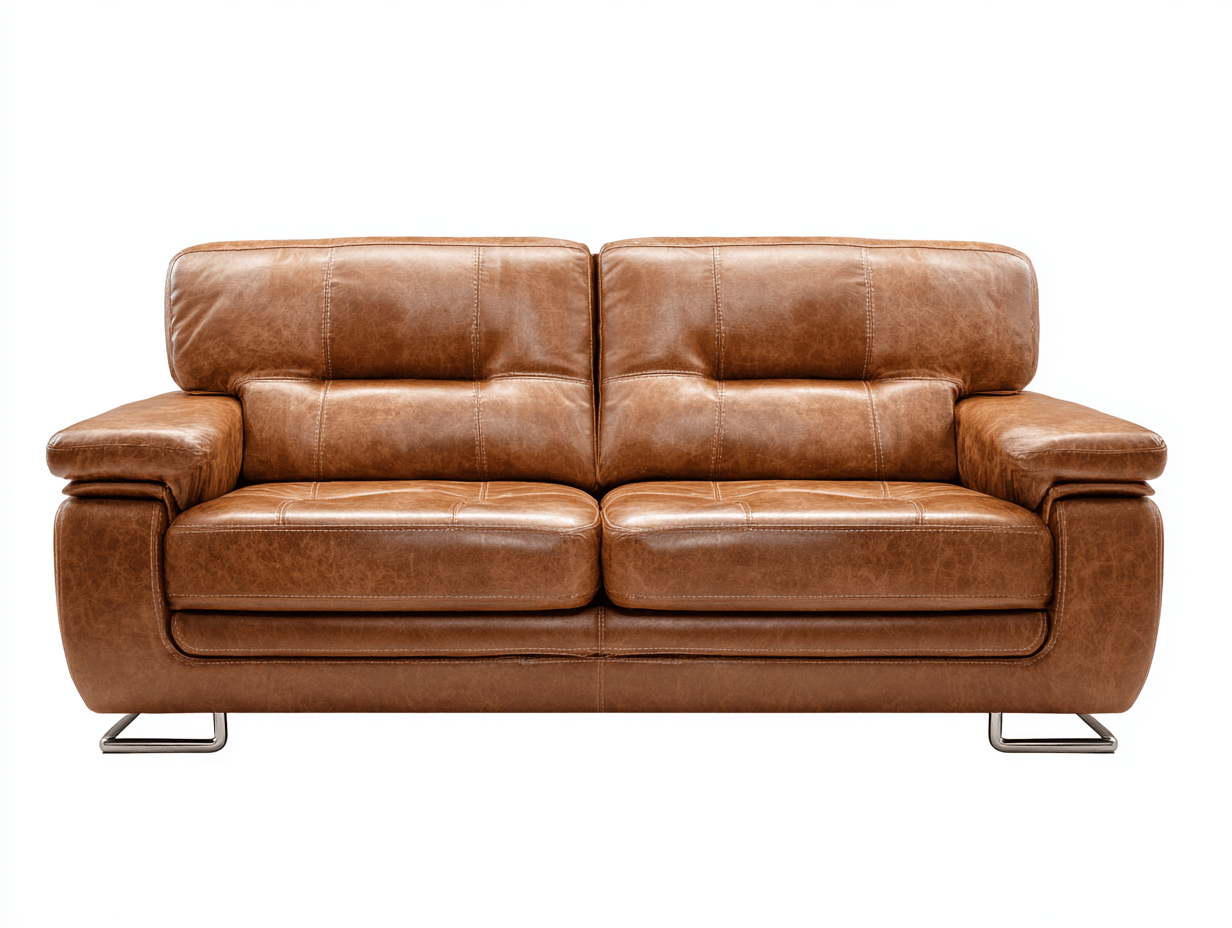 Canapé 2 places cuir marron clair – style moderne – accoudoirs larges – pieds métal chromé – assise fixe sans bouton visible-Nestete