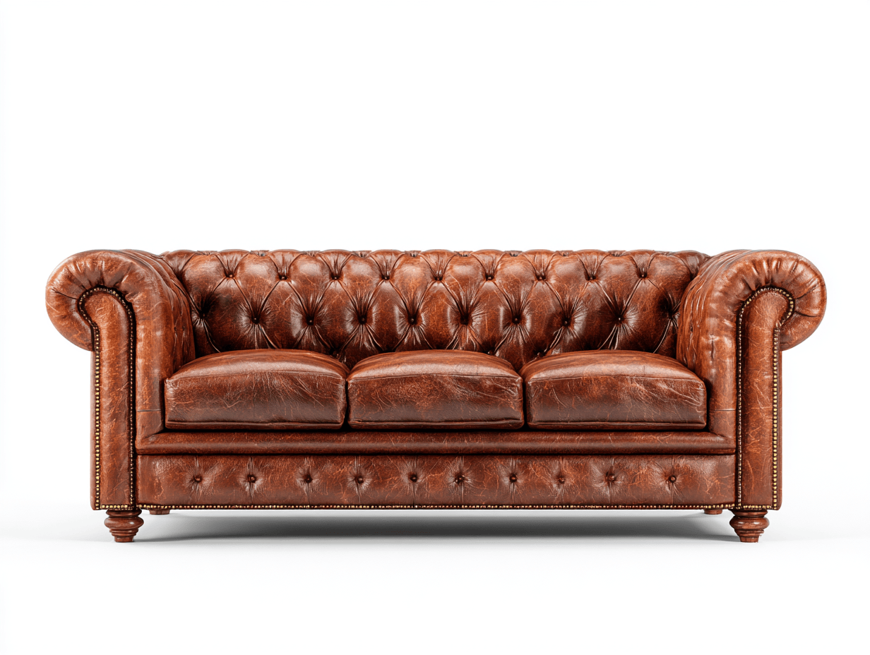 Canapé 3 places cuir marron  – style Chesterfield – capitonné avec accoudoirs roulés et clous décoratifs-Nestete