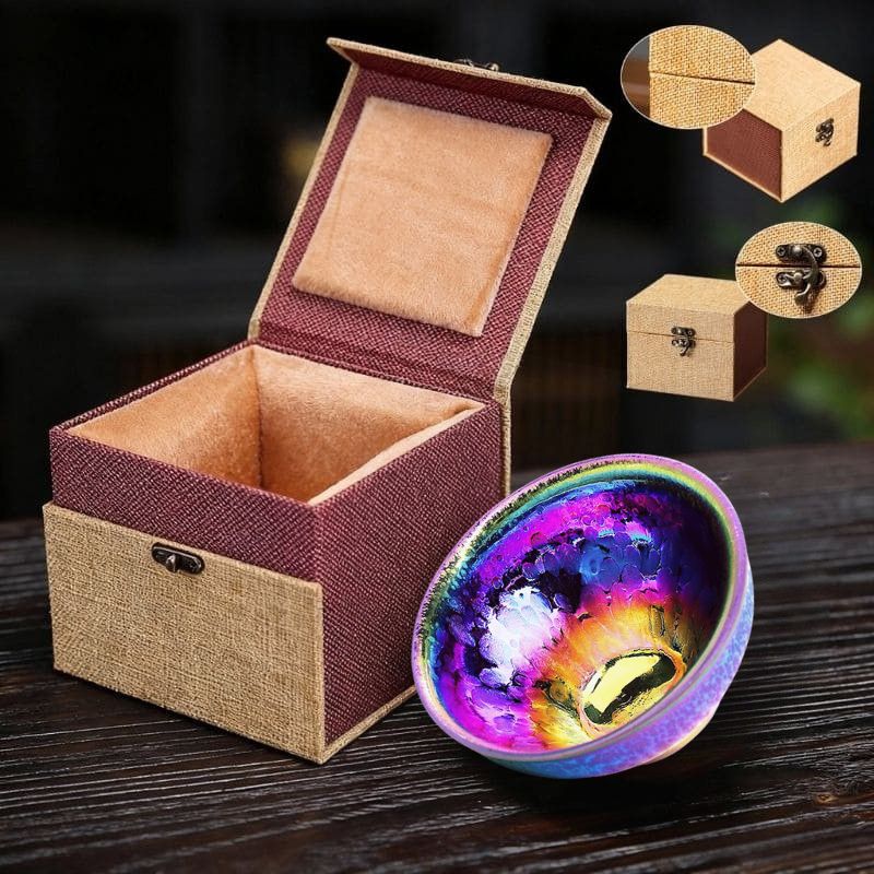 Peacock Plume Jian Zhan Tea Cup inside a gift box with velvet lining, showing box details and clasp closure, ideal for gifting.