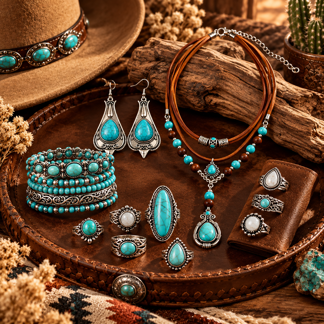 Turquoise jewelry styled on deep brown leather with warm Western textures