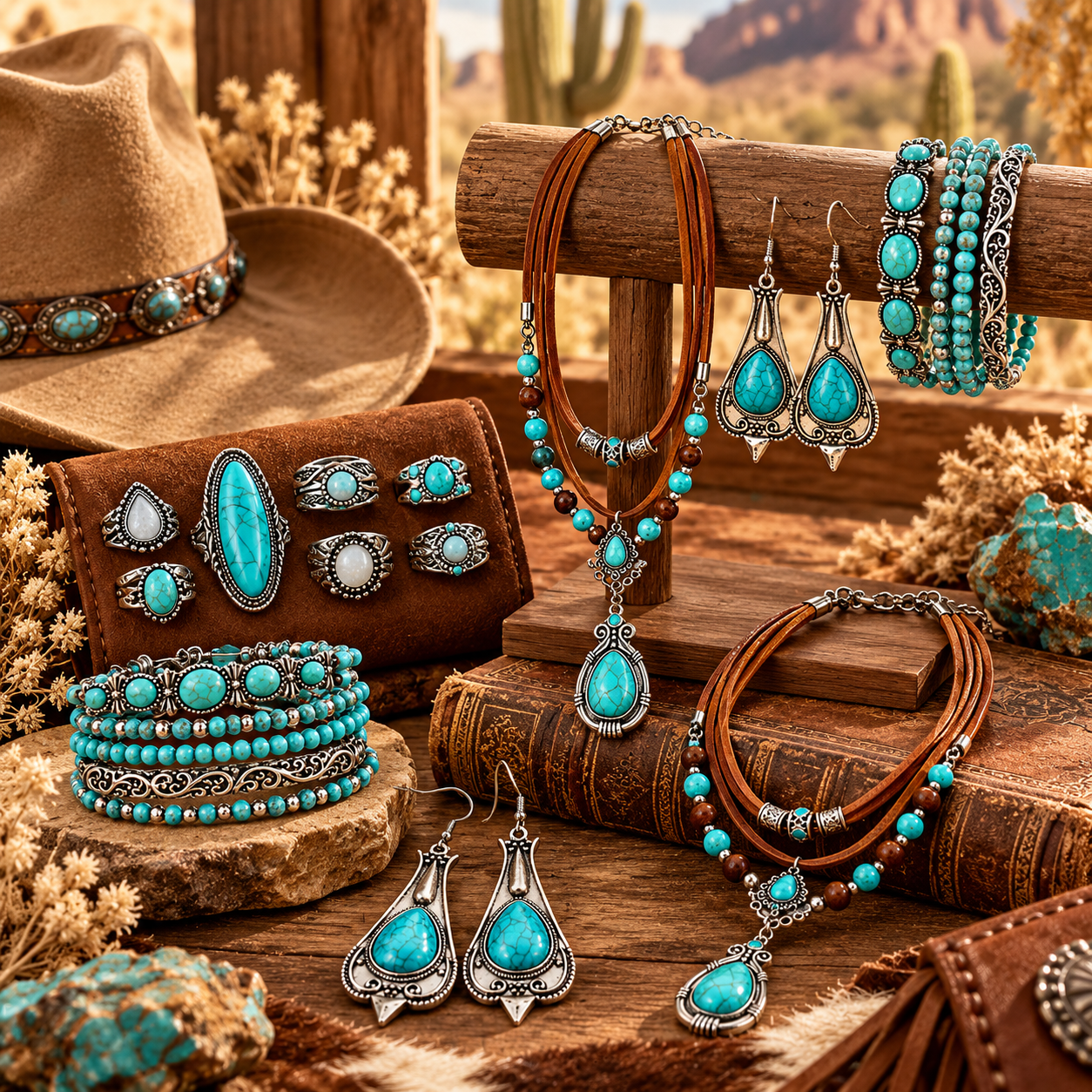Turquoise jewelry styled with wood leather stone books and desert elements