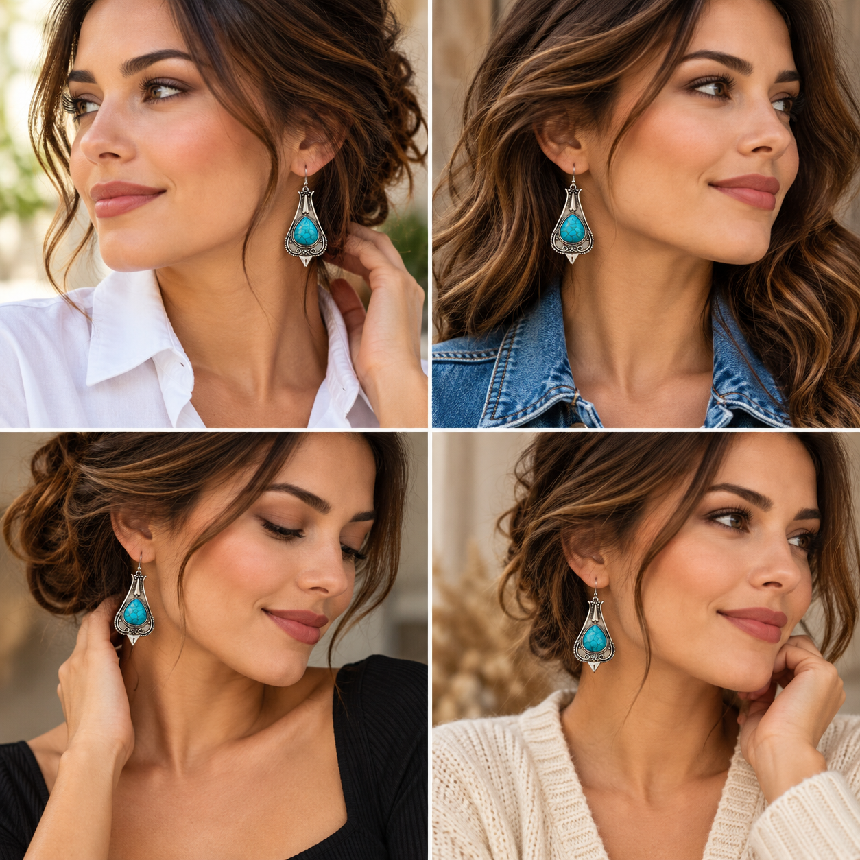 Four ways to style turquoise earrings with white denim black and cream outfits