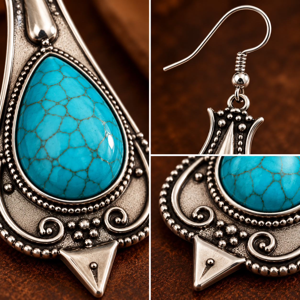 Close-up details of turquoise stone silver-tone border and earring hook
