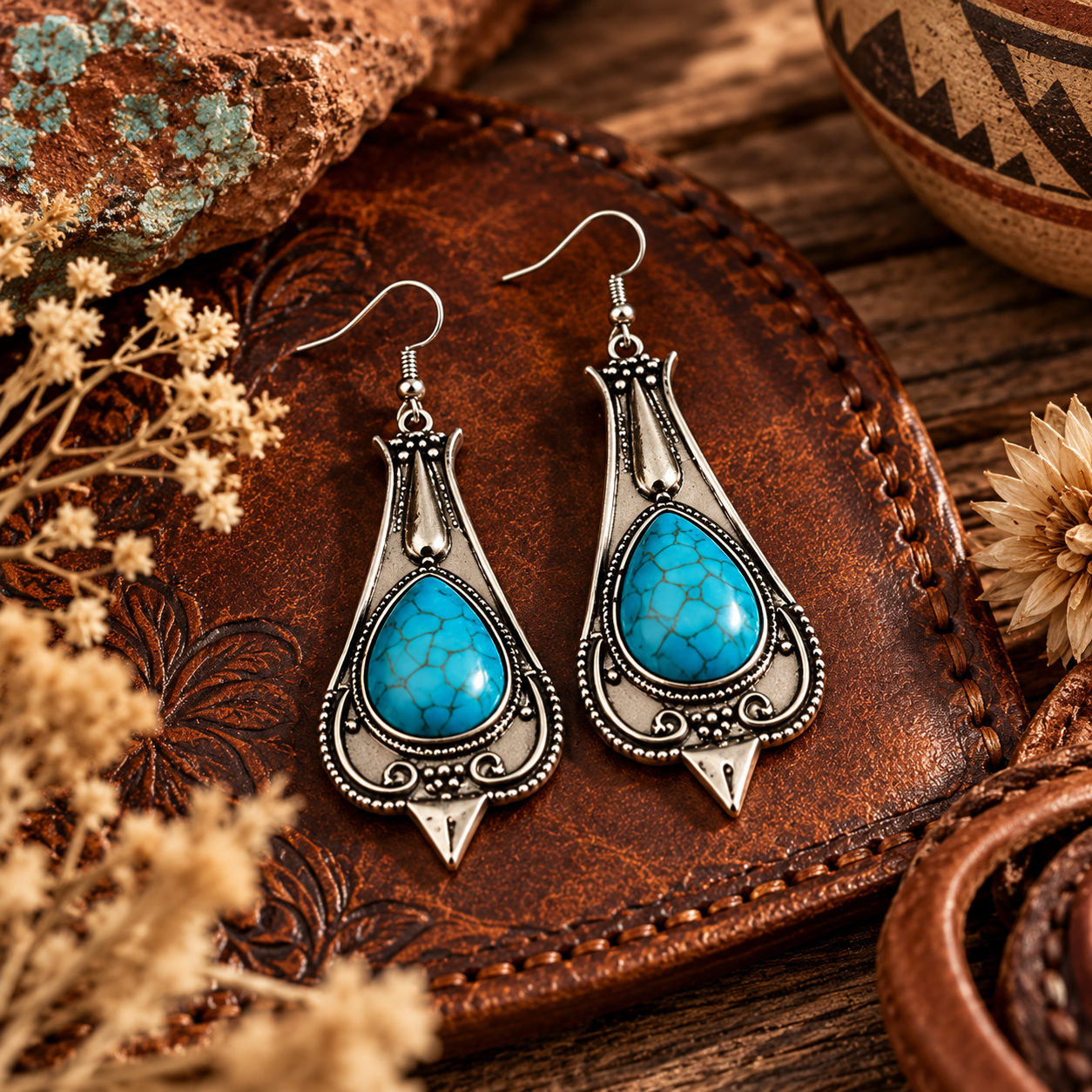 Turquoise earrings styled with leather wood and Western desert elements