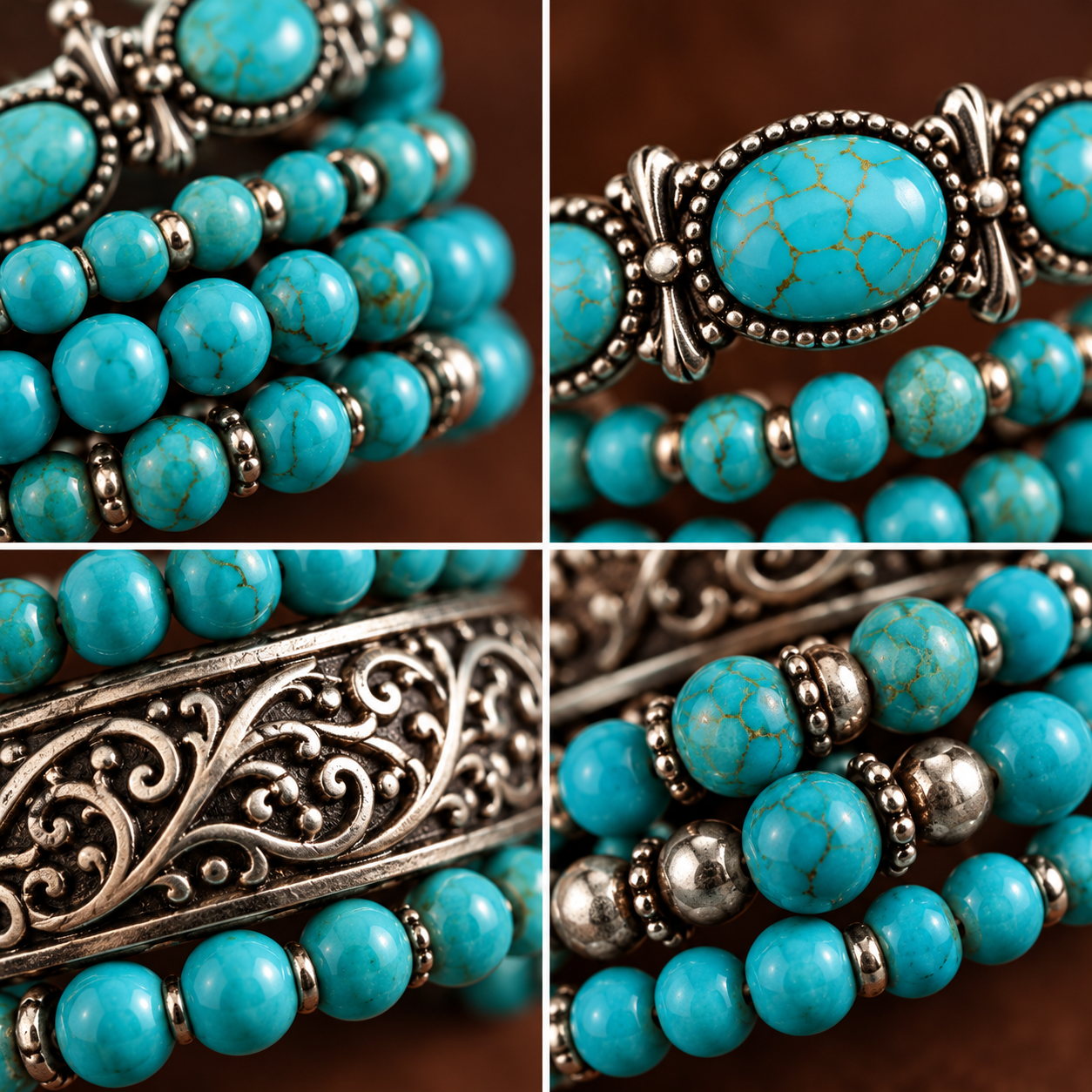Close-up details of turquoise beads oval stones silver filigree and mixed beadwork