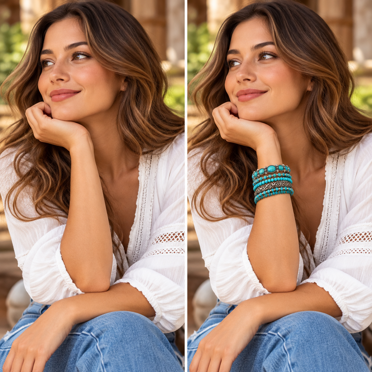 Before and after outfit comparison with and without turquoise bracelet