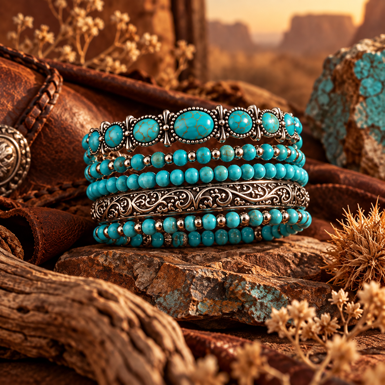 Turquoise bracelet styled with leather wood stone and desert elements