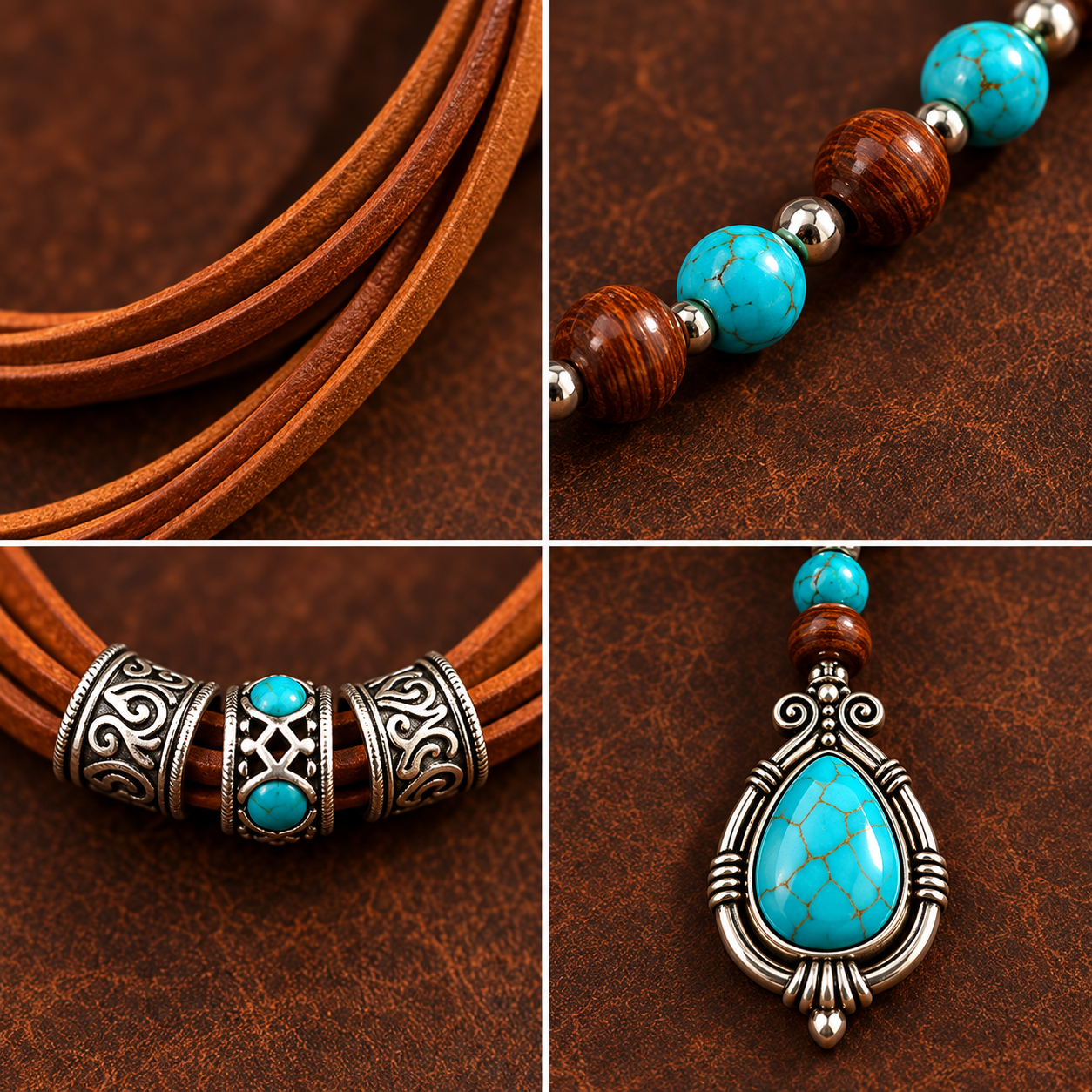 Close-up details of the brown cords turquoise beads silver centerpiece and pendant