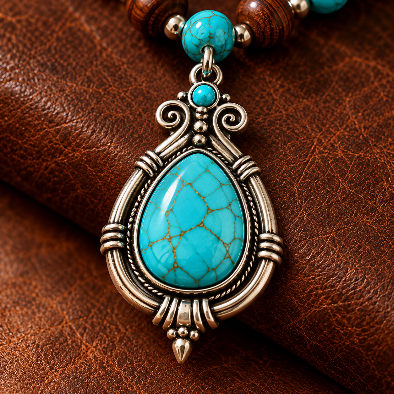 Macro close-up of the turquoise pendant and silver-tone details