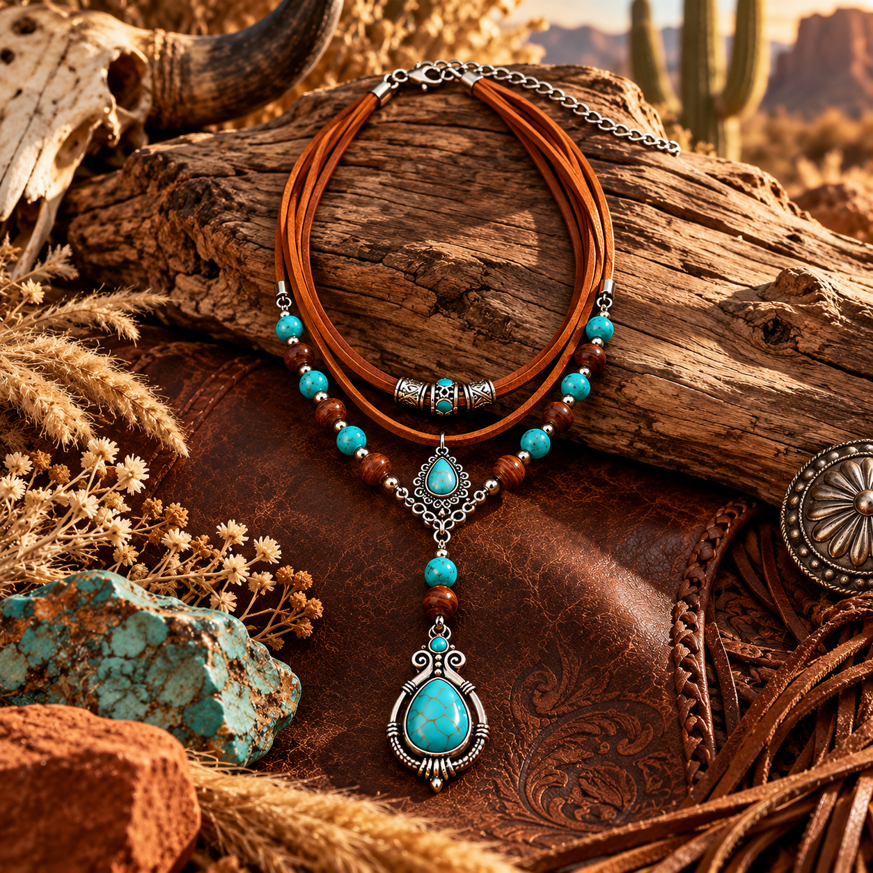 Desert Sky necklace styled with leather wood stone and desert elements