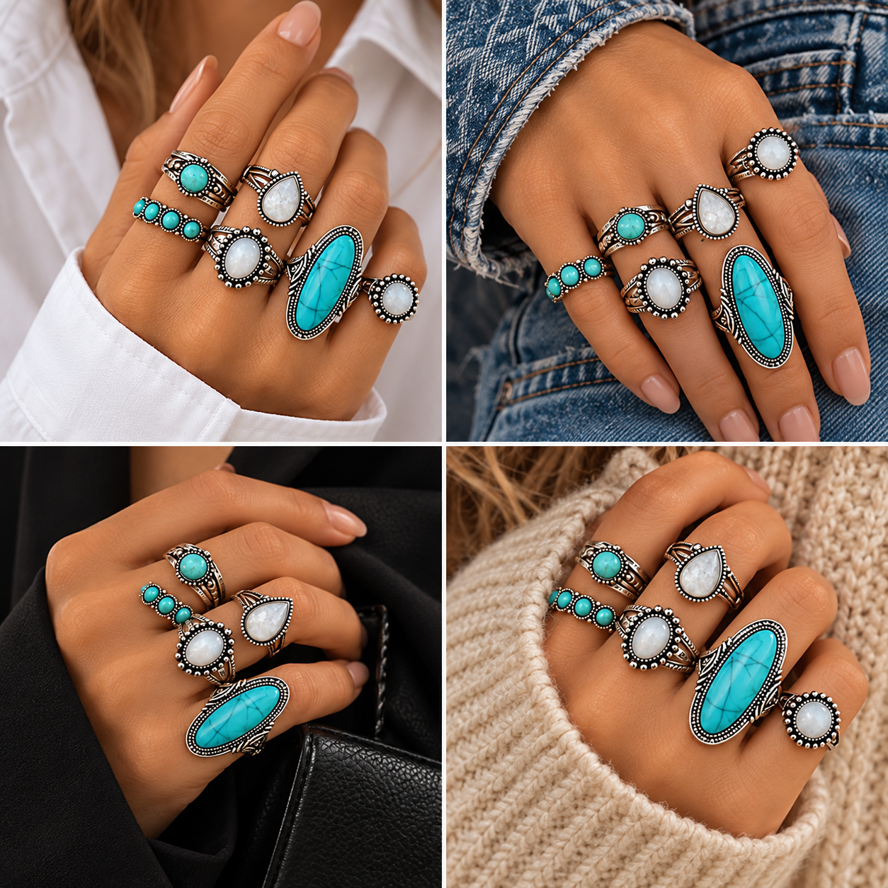 Four everyday outfit ideas styled with turquoise rings