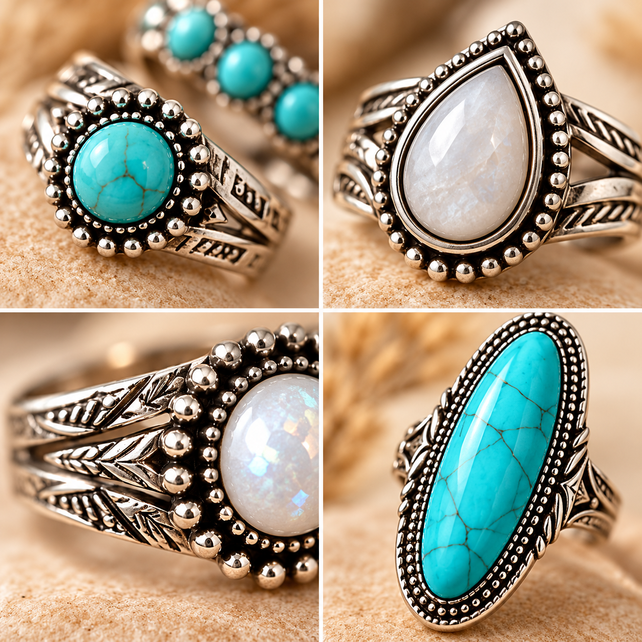 Close-up details of turquoise stones white stones and silver-tone ring designs