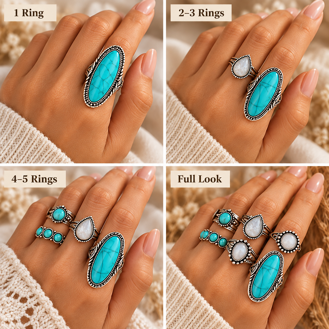 Mix and match styling ideas for the Desert Sky seven-piece ring set