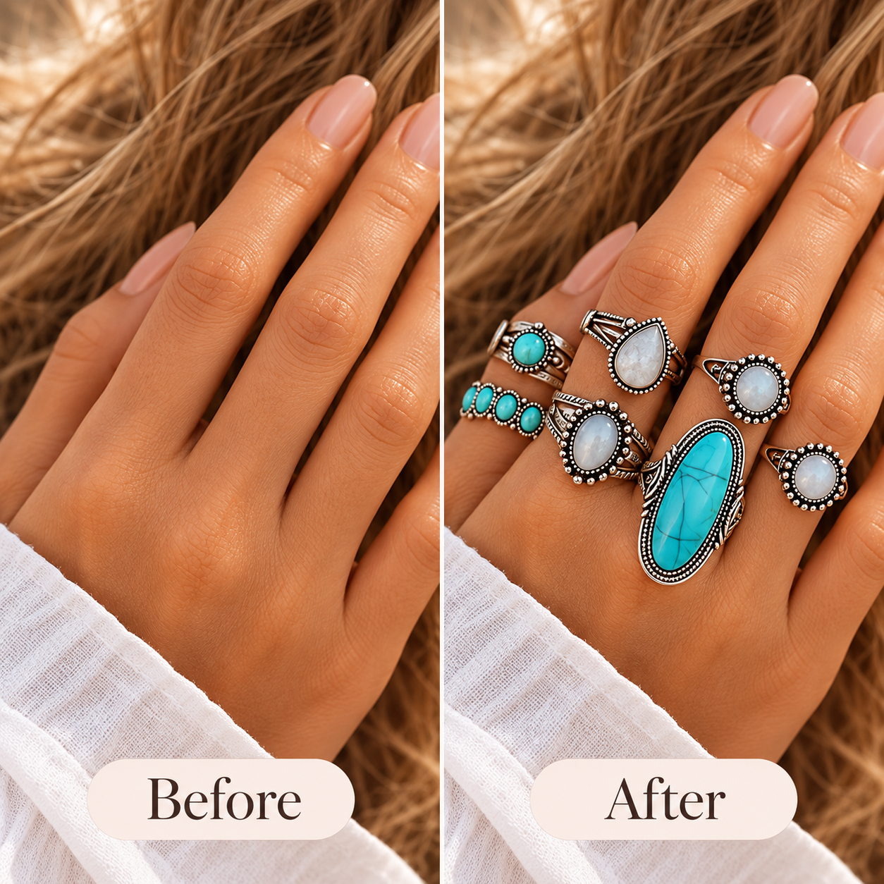 Before and after hand styling comparison with the Desert Sky ring set