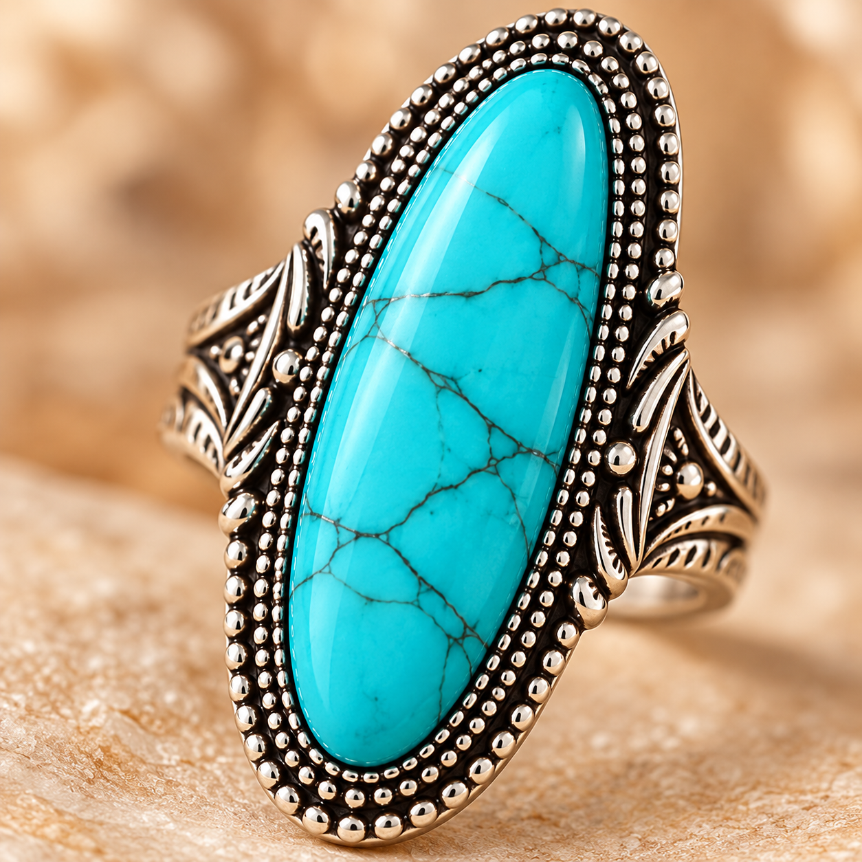 Macro close-up of the elongated turquoise statement ring